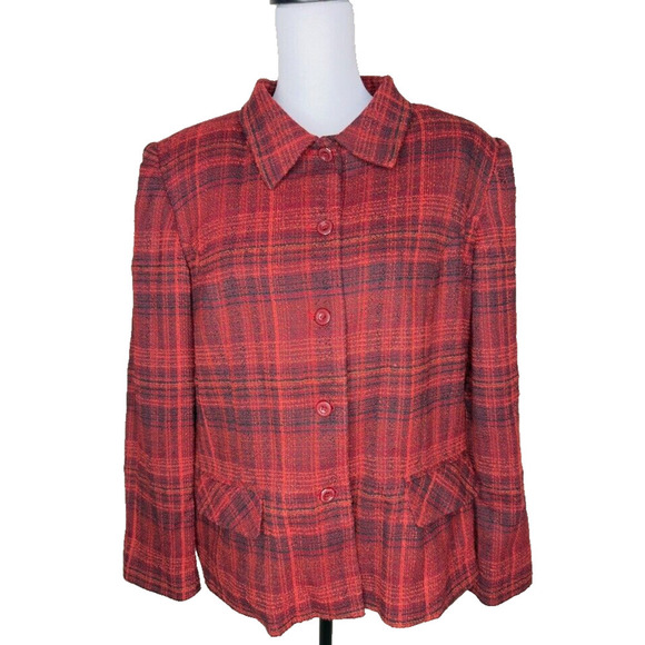 Sag Harbor Jackets & Blazers - Sag Harbor Womens Brown Plaid Collared Long Sleeves Button Blazer 18-20P